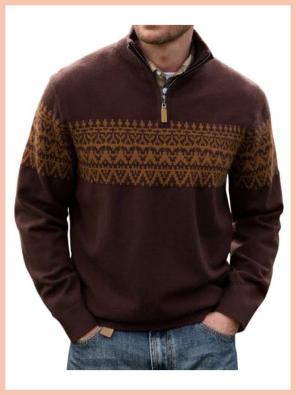 Men's Fair Isle Quarter Zip Pullover Sweater Mock Neck Heavyweight Knit